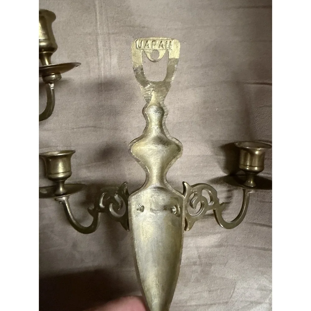 Vintage Solid Brass 2 Arm Candle Holder Wall Mounted Sconce Candelabra 10